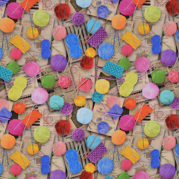 Patchworkstoff Stricken Strickzeug Vintage "Knit One Purl Two" beige
