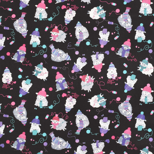 Patchworkstoff strickende Schafe Mützen "Love Eve more" schwarz