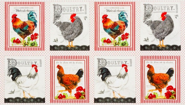 Patchworkstoff Hühner Hähne Tiere "Down on the Farm" Panel