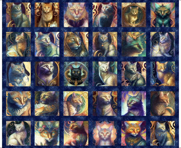 0,9 m Patchworkstoff Katzen Tiere "Feline Fantasia" 30 Bilder Panel