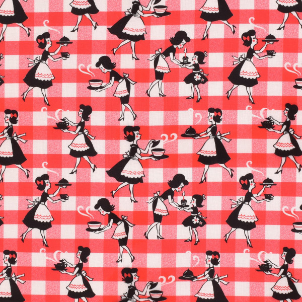 Patchworkstoff Frauen Kochen 50er Jahre Retro Karos "Kiss the Cook"