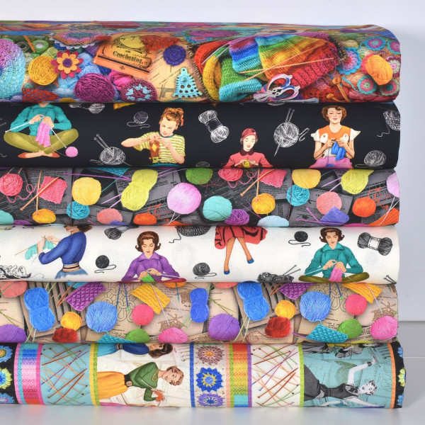 Patchworkstoff Stricken Frauen Vintage Stoffpaket "Knit One Purl Two"