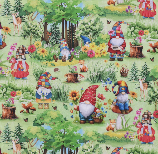 Patchworkstoff Wichtel Gnome "Hippie Gnomes" Flowerpower Garten