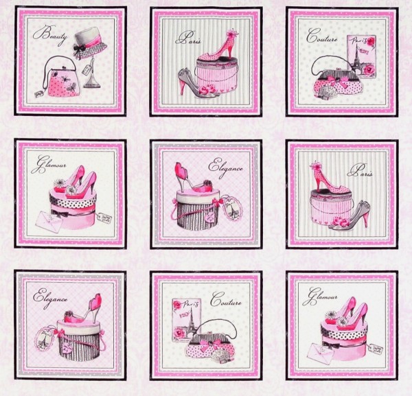 SALE 0,9 m Patchworkstoff Frauen Glamour Schuhe Taschen Bilder pink