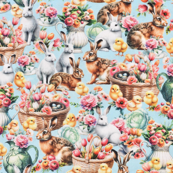 Patchworkstoff Hasen Frühling Ostern "Garden Tea" Hasen Blumen