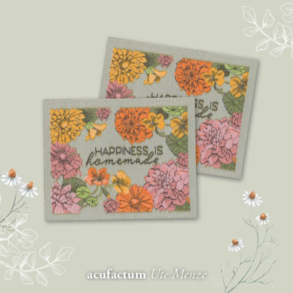 2 x acufactum Webetikett Blumen "Happiness is Homemade"