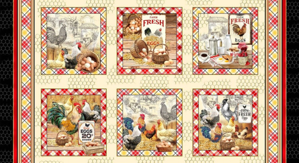 +0,6 m Patchworkstoff Hähne Hühner Bauernhof Vintage Panel "Early to Rise"