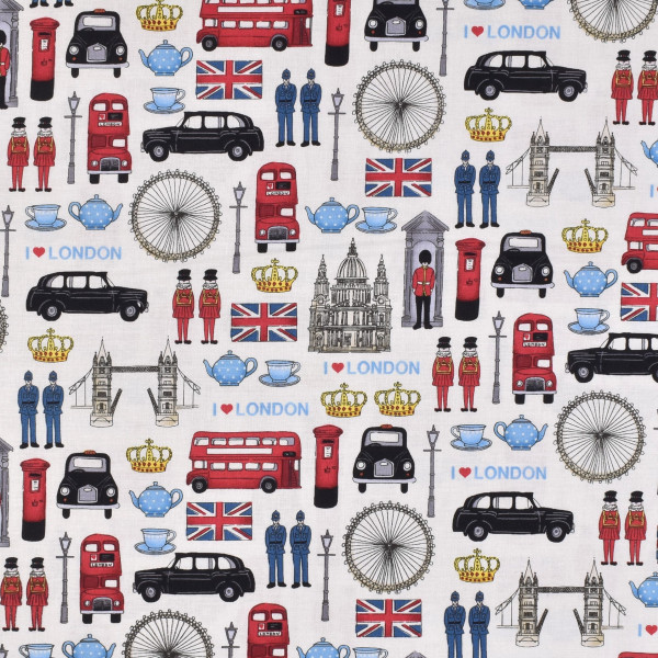 Patchworkstoff London Städte Reisen Busse Tower Taxi Tea Time