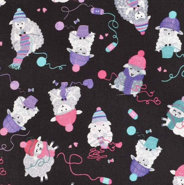 Patchworkstoff strickende Schafe Mützen "Love Eve more" schwarz