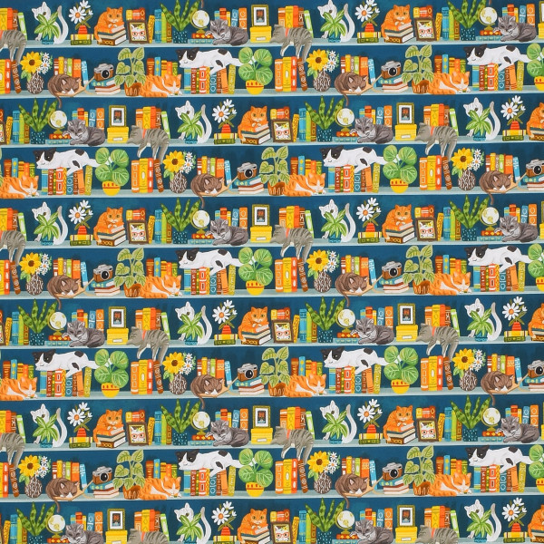 Patchworkstoff Buch Bücher Lesen Katzen "Purrfect Bookshelf" Bordüre