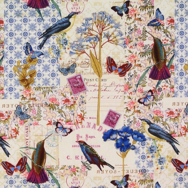 0,4 m Patchworkstoff Blue Notes Vögel Blumen Romantik