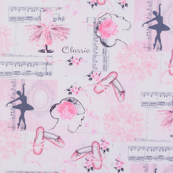 SALE Patchworkstoff Ballett Tanzen Ballerina Noten Blumen Collage