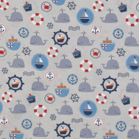 Baumwollstoff maritim Wale Schiffe Rettungsringe hellgrau Webware Baumwollstoff maritim Wale Schiffe Rettungsringe hellgrau Webware