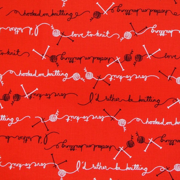 Patchworkstoff Schriftzüge Stricken rot"I love to Knit"