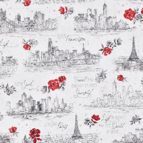 Patchworkstoff Reisen Paris New York "Travel the World" weiß