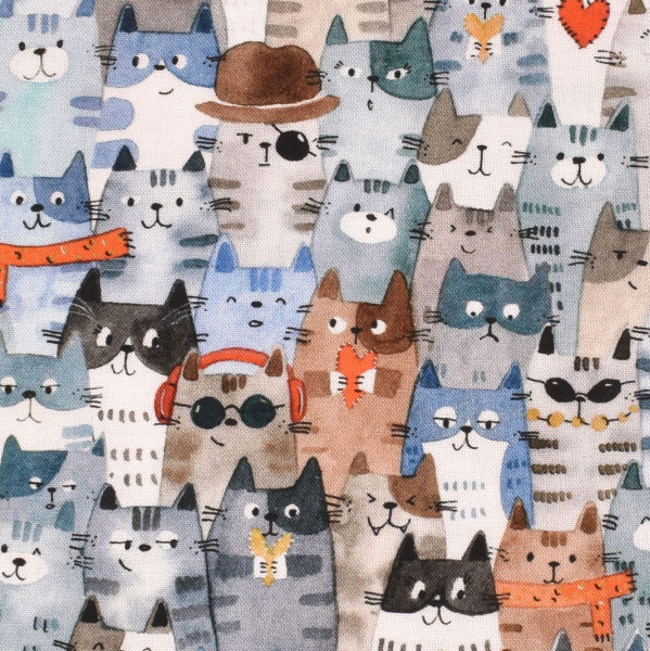 Patchworkstoff Katzen Katzenstoff "Cats Around Town" Meterware blau grau