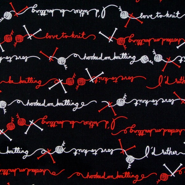 Patchworkstoff Schriftzüge Stricken schwarz"I love to Knit"