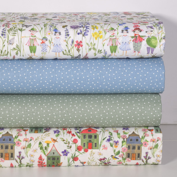 Acufactum Stoffpaket Blumenkinder Häuser 4 Baumwollstoffe Webetikett