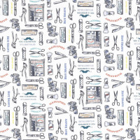 Patchworkstoff Männer Bärte Werkzeuge Frisör Retro "Barber Shop" weiß Patchworkstoff Männer Bärte Werkzeuge Frisör Retro "Barber Shop" weiß