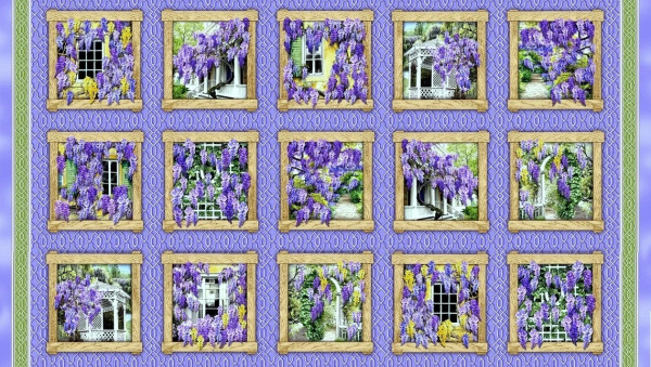 Patchworkstoff Blumen Blauregen Sommer Szenen "Wisteria" Panel