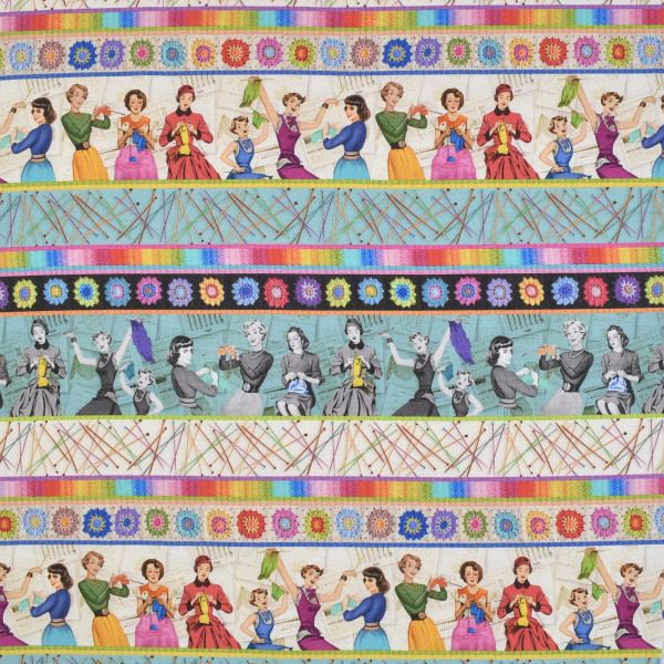 Patchworkstoff Stricken Frauen Bordüre Vintage "Knit One Purl Two"