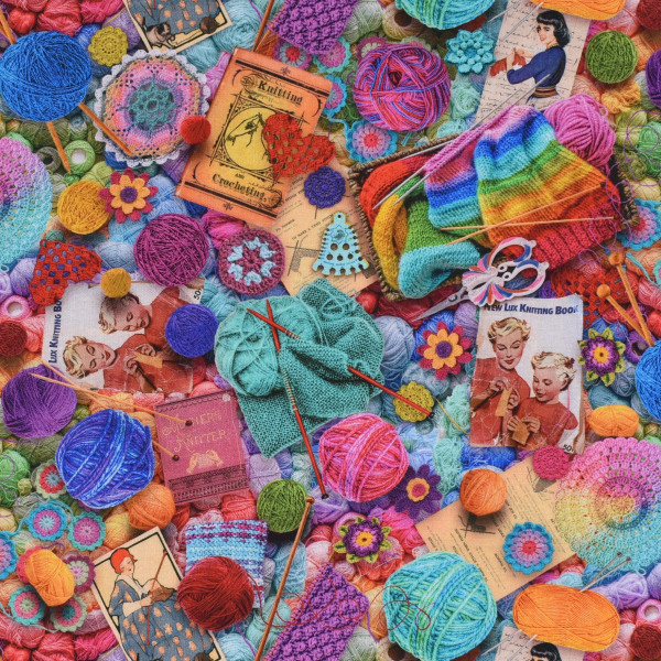 Patchworkstoff Stricken Häkeln Strickzeug Vintage "Knit One Purl Two" bunt