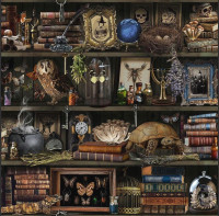 Patchworkstoff Hexenküche Bücher Eulen "Witch Apothecary" Patchworkstoff Hexenküche Bücher Eulen "Witch Apothecary"