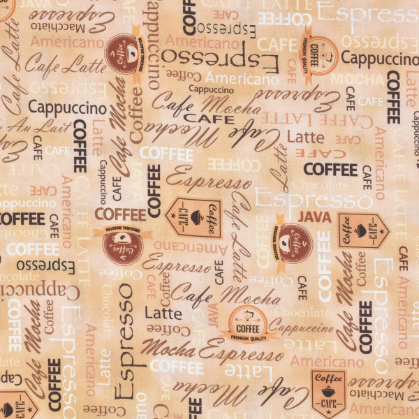 Patchworkstoff Kaffee Kaffeemotive Schrift "Coffe from A to Z beige