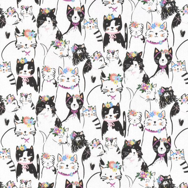 Patchworkstoff Katzen Blumen "Pretty Cats" Katzenstoff weiß