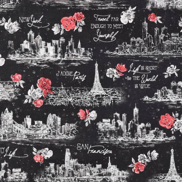 Patchworkstoff Reisen Paris New York "Travel the World" schwarz