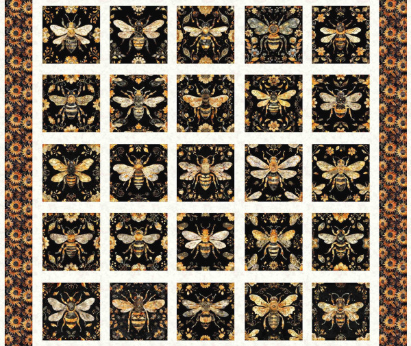 0,9 m Patchworkstoff Bienen Bienenkönigin"Queen Bee" Panel schwarz