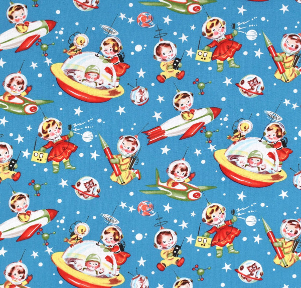 Patchworkstoff Kinder Weltall Weltraum Retro Astronauten 50er Jahre