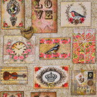 +Dekostoff nostalgische Motive Vögel Uhren Geige "Love" Baumwolle +Dekostoff nostalgische Motive Vögel Uhren Geige "Love" Baumwolle