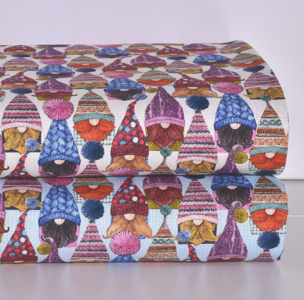 Patchworkstoff Wichtel Love you Gnome Strickmützen blau