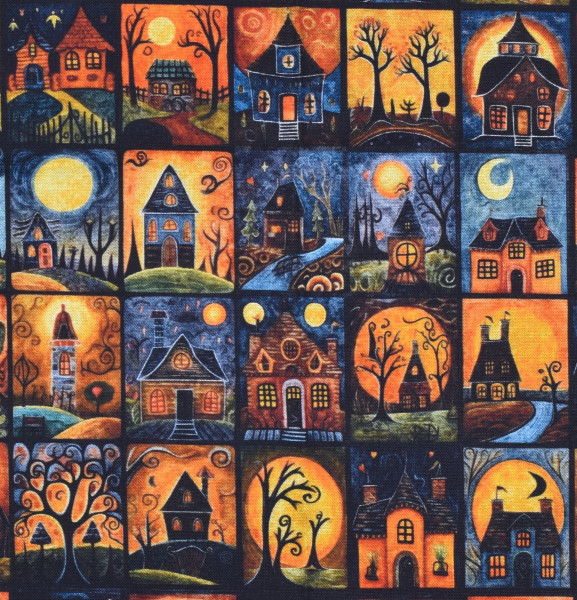 Patchworkstoff Halloween kleine Spukhäuser Creepsville bunt