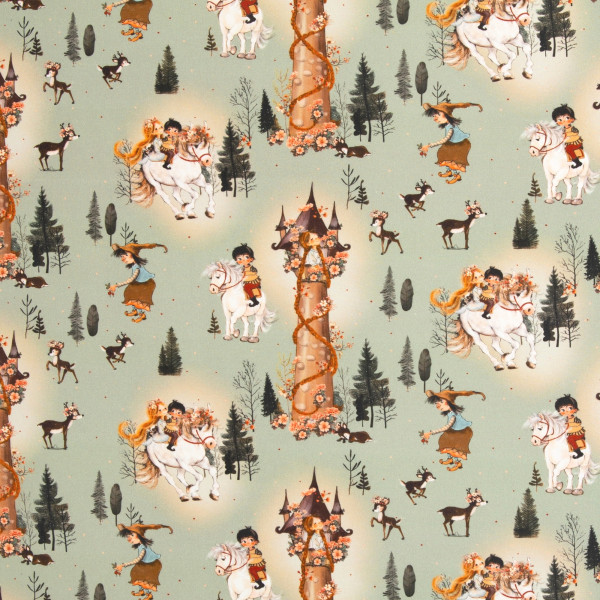 1 m Baumwollstoff Märchen Rapunzel Fairy Tale Webware hellgrün