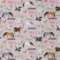 Baumwollstoff Bauernhof Tiere Kühe Pferde Schweine hellgrau Baumwollstoff Bauernhof Tiere Kühe Pferde Schweine hellgrau