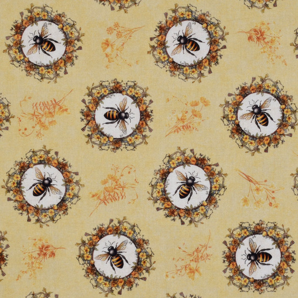 Patchworkstoff Bienen Bienenkönigin"Queen Bee" runde Bilder gelb