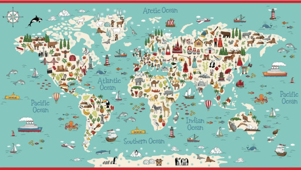 Patchworkstoff Weltkarte MenschenTiere Panel Arround the World