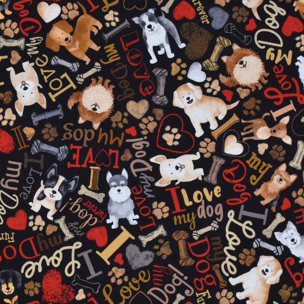 Patchworkstoff Hunde Hundeliebe Schrift "Happiness has Paws" schwarz