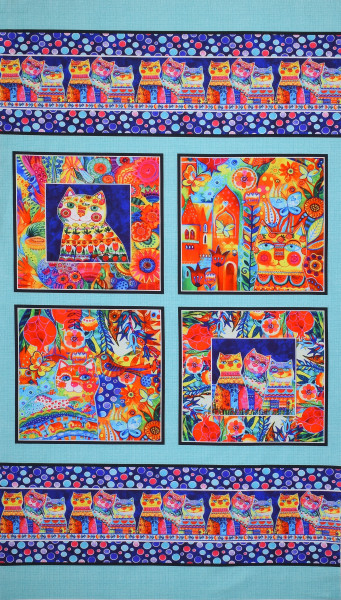 Patchworkstoff bunte Katzen Blumen Häuser Sunshine Cats Panel