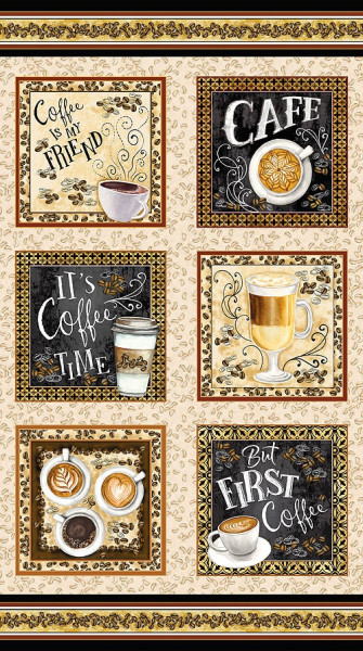 Patchworkstoff Kaffee Kaffeemotive Schrift Panel "For the Love of Coffee"