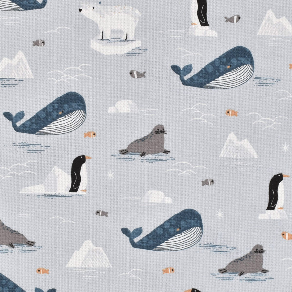 1 m Dekostoff Arktis Wale Robben Eisbären Pinguine Webware hellblau