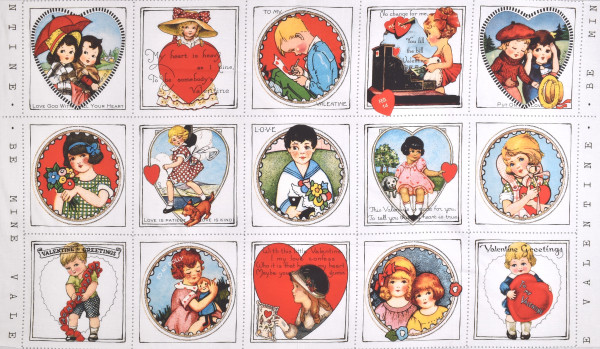 0,6 m Patchworkstoff Panel Kinder Liebe Valentin Retro 50er Be my Valentine