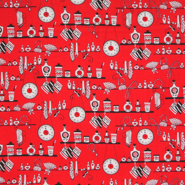 Sale 1 m Patchworkstoff "Joie de Vivre" Uhren Kosmetik rot