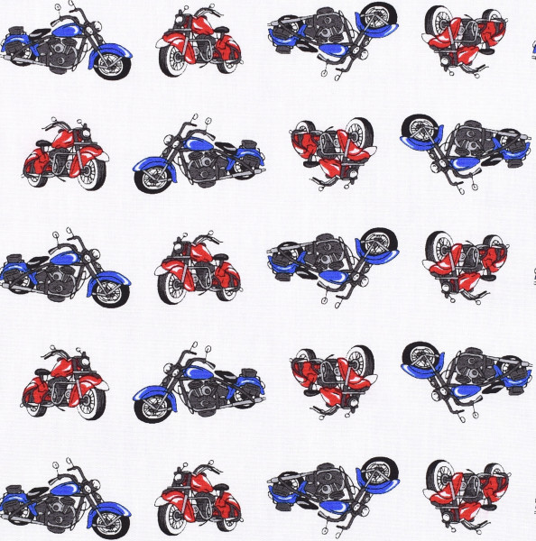 patchworkstoff kleine Motorräder motocross blau rot sevenberry detail