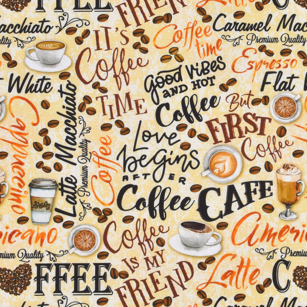 Patchworkstoff Kaffee Kaffeemotive Schrift "For the Love of Coffee"