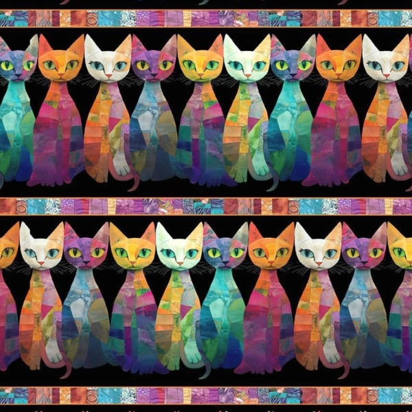 Patchworkstoff bunte Katzen Katzenstoff Border "Sophisticat" schwarz