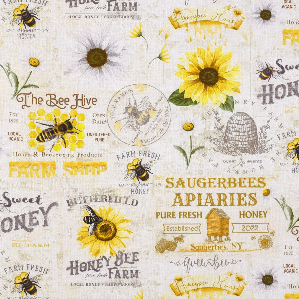 Patchworkstoff Bienen Waben Honig Sprüche "Honey Bee Farm" natur