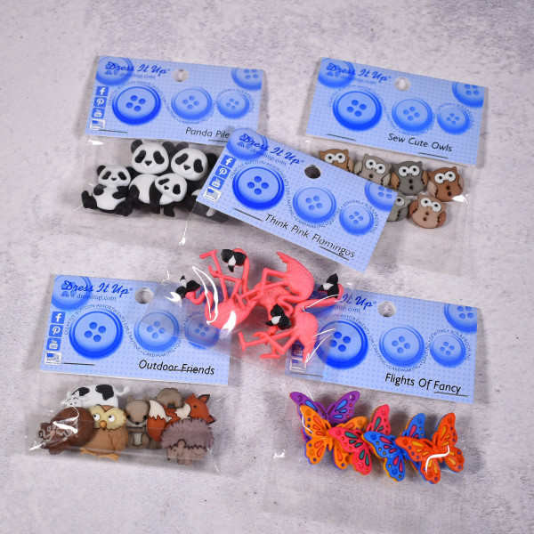 SALE Dekoknöpfe Flamingos Pandas Eulen Dress it up Tiere Set 4